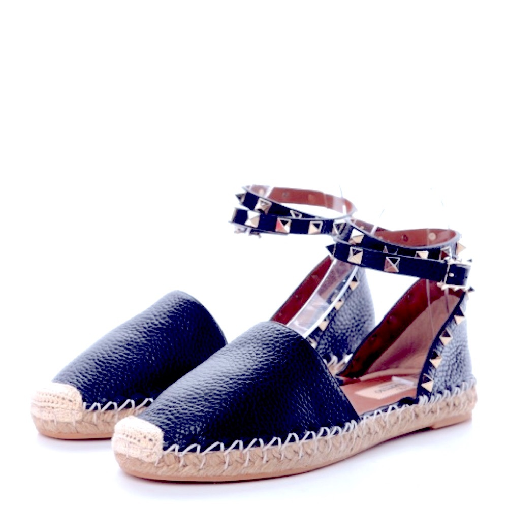 VALENTINO GARAVANI Calfskin Rockstud Ankle Wrap Espadrille Flats 36 Dark Navy